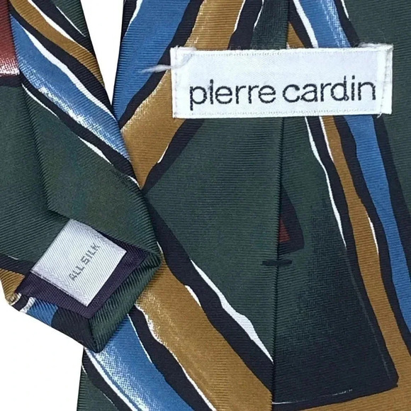 Pierre Cardin Men's Silk Tie Geometric Pattern Green Blue Brown Vintage - Picture 4 of 16